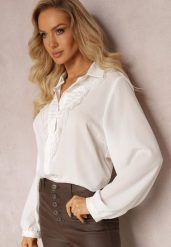Biała Koszula z Falbanką i Koronkową Wstawką Hammonis. Białe koszule damskie Renee, xl, bez wzorów, z koronki, eleganckie, bez kołnierzyka, bez ramiączek. Za 59.99 zł.
