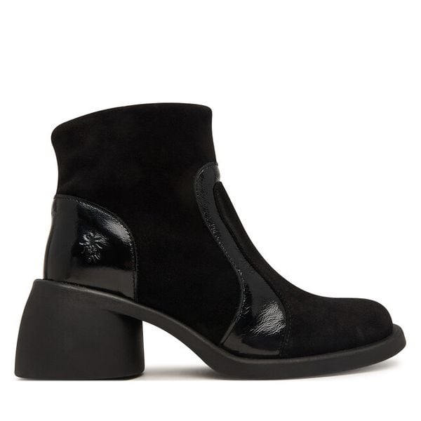 Botki Fly London. Czarne botki damskie Fly London, bez wzorów, bez obcasa, na słupku, bez zapięcia. Za 749.99 zł.