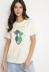Żółty T-shirt z Bawełny z Ozdobnym Napisem i Nadrukiem Olinella. Żółte t-shirty damskie Born2be, l, bez wzorów, z bawełny, bez kołnierzyka, bez ramiączek. Za 34.99 zł.