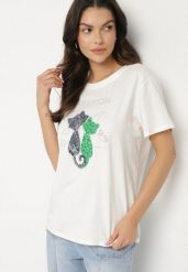 Biały T-shirt z Bawełny z Ozdobnym Napisem i Nadrukiem Olinella. Białe t-shirty damskie Born2be, l, bez wzorów, z bawełny, bez kołnierzyka, bez ramiączek. Za 34.99 zł.