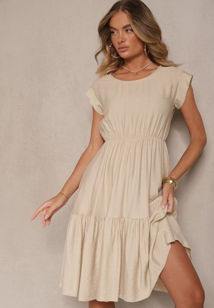 Beżowa Rozkloszowana Sukienka z Wiskozy Linurea. Brązowe sukienki damskie Renee, na co dzień, bez wzorów, z wiskozy, klasyczne, bez kołnierzyka, bez ramiączek, midi, proste. Za 69.99 zł.