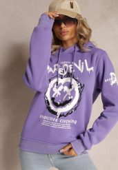 Fioletowa Bluza z Polarem i Nadrukiem Thalindra. Fioletowe bluzy damskie Renee, xl, bez wzorów, z dzianiny, eleganckie, bez ramiączek, z kapturem. Za 69.99 zł.