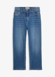 Jeansy straight, high waist, cropped. Niebieskie jeansy damskie bonprix, bez wzorów, z jeansu, z podwyższonym stanem. Za 154.99 zł.