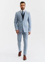 PAKO LORENTE – Błękitne spodnie garniturowe o widocznej strukturze. Niebieskie eleganckie spodnie męskie Pako Lorente, bez wzorów, z elastanu. Za 549.99 zł.