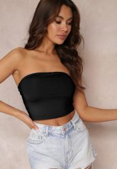 Czarny Top z Elastycznej Tkaniny z Gumką z Tyłu Fynla. Czarne topy damskie Renee, l, bez wzorów, z tkaniny, bez kołnierzyka, bez ramiączek. Za 44.99 zł.