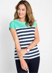 T-shirt z przędzy mieszankowej, krótki rękaw. Zielone t-shirty damskie bonprix, bez wzorów, eleganckie, bez kołnierzyka, bez ramiączek. Za 49.99 zł.