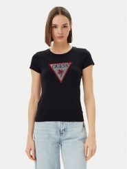 Guess T-Shirt E5GI08 J1314 Czarny Slim Fit. Czarne t-shirty damskie Guess, xl, z aplikacjami, z bawełny, bez kołnierzyka, bez ramiączek. Za 99.99 zł.