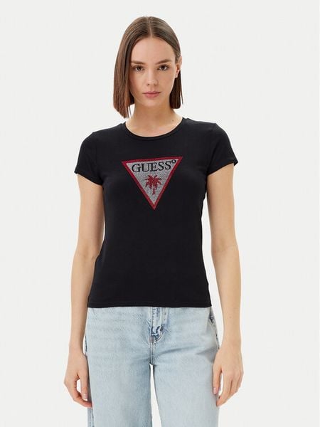 Guess T-Shirt E5GI08 J1314 Czarny Slim Fit. Czarne t-shirty damskie Guess, xs, z aplikacjami, z bawełny, bez kołnierzyka, bez ramiączek. Za 99.99 zł.
