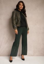Ciemnozielone Spodnie o Szerokim Kroju High Waist z Cyrkoniami i Gumką w Pasie Loreitha. Zielone spodnie materiałowe damskie Renee, z aplikacjami, z jeansu, z podwyższonym stanem. Za 69.99 zł.