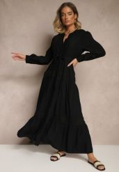 Czarna Wiskozowa Sukienka o Rozkloszowanym Kroju z Wiązanym Paskiem i Koronką Reisavien. Czarne sukienki damskie Renee, na co dzień, l, bez wzorów, z koronki, eleganckie, bez kołnierzyka, bez ramiączek, maxi, rozkloszowane. Za 139.99 zł.