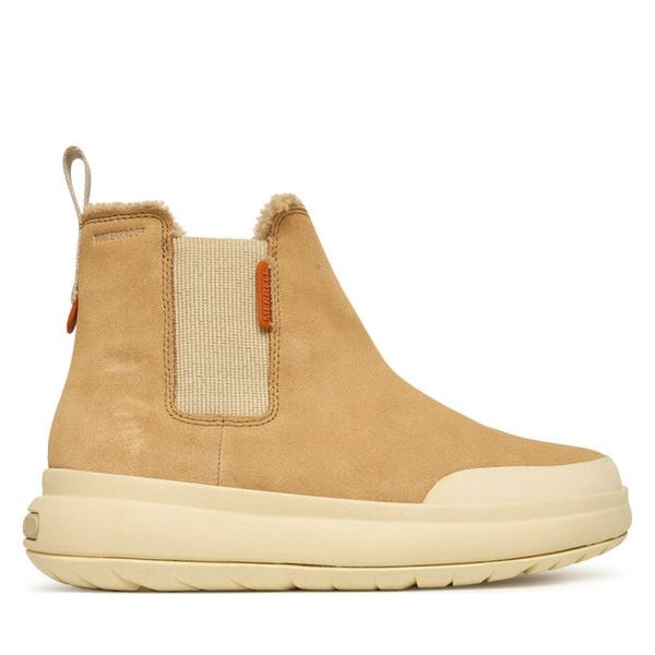 Sztyblety Merrell. Brązowe botki damskie Merrell, bez wzorów, bez obcasa, na płaskiej podeszwie, bez zapięcia. Za 519.99 zł.