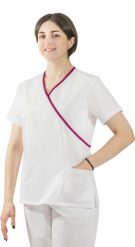 Visent Bluza medyczna kosmetyczna damska lekarska biały / amarantowa lamówka 36. Białe bluzy damskie Visent, bez wzorów, bez ramiączek, bez kaptura. Za 64.99 zł.