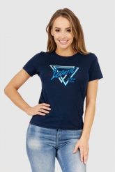 GUESS Granatowy t-shirt damski iconic. Niebieskie t-shirty damskie Guess, s, z aplikacjami, z bawełny, bez kołnierzyka, bez ramiączek. W wyprzedaży za 129.99 zł.