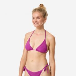Góra kostiumu kąpielowego damska Decathlon Mae Folk. Fioletowe bikini Decathlon, bez wzorów, z elastanu. Za 49.99 zł.