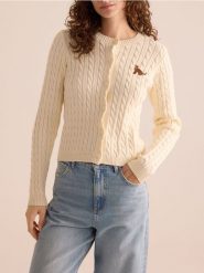 Kardigan z haftem - kremowy. Białe kardigany damskie Reserved, l, bez wzorów, z bawełny, bez kołnierzyka. Za 129.99 zł.