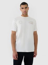 4F T-shirt oversize z nadrukiem męski - beżowy S. Brązowe t-shirty męskie 4F, m, bez wzorów, z bawełny, bez kołnierzyka, bez ramiączek. W wyprzedaży za 49.99 zł.