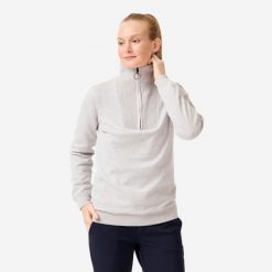 Sweter do golfa damski wiatroszczelny MW500 z wysokim kołnierzem. Szare swetry nierozpinane damskie INESIS, xl, bez wzorów, z bawełny, eleganckie, bez kołnierzyka, bez ramiączek. Za 199.99 zł.