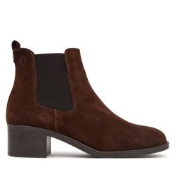 Sztyblety Tamaris. Brązowe botki damskie Tamaris, bez wzorów, bez obcasa, na słupku, bez zapięcia. Za 419.99 zł.