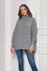 Oversizowy Sweter z Luźnym Golfem - Szary. Szare swetry nierozpinane damskie Lanti, uniwersalny, bez wzorów, z materiału, bez kołnierzyka, bez ramiączek. Za 249.90 zł.