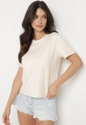 Beżowy Bawełniany T-shirt z Grubszej Bawełny Tiariane. Brązowe t-shirty damskie Born2be, m, bez wzorów, z bawełny, biznesowe, bez kołnierzyka, bez ramiączek. Za 49.99 zł.