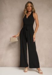 Czarny Kombinezon o Taliowanym Kroju z Dekoltem Halter i Wiązanym Paskiem Malisena. Czarne sukienki damskie Renee, na co dzień, l, bez wzorów, eleganckie, bez kołnierzyka, bez ramiączek. Za 99.99 zł.