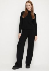 Czarny Prążkowany Komplet Dzianinowy Szerokie Spodnie i Sweter z Półgolfem Fenitiva. Czarne swetry nierozpinane damskie Born2be, l, bez wzorów, z dzianiny, bez kołnierzyka, bez ramiączek. Za 159.99 zł.