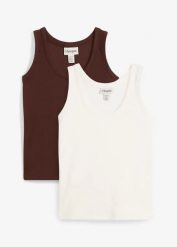 Prążkowany tank top z bawełną organiczną (2 szt.). Białe topy damskie bonprix, bez wzorów, z bawełny, bez kołnierzyka, bez ramiączek. Za 77.99 zł.