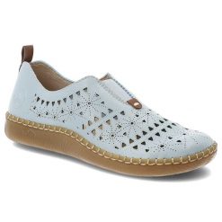 Półbuty damskie Rieker, cholewka ze skóry ekologicznej z ażurowym wzorem wsuwany fason z zabudowanym przodem, niebieskie, N2452-10. Niebieskie półbuty damskie Rieker, w ażurowe wzory, ze skóry ekologicznej, bez obcasa, na płaskiej podeszwie, bez zapięcia. Za 254.90 zł.