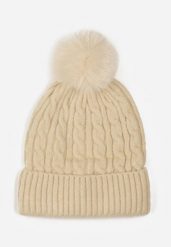 Beżowa Czapka w Warkoczowy Splot z Pomponem Vetisare. Brązowe czapki damskie Born2be, bez wzorów, z dzianiny. Za 34.99 zł.