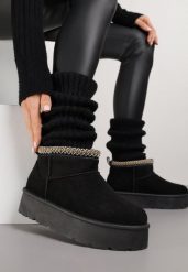 Czarne Śniegowce na Platformie z Haftem przy Cholewce Sewnera. Czarne śniegowce damskie Renee, z dzianiny, bez zapięcia. Za 69.99 zł.