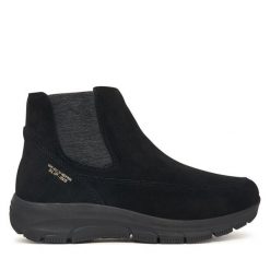 Sztyblety Skechers. Czarne botki damskie Skechers, bez wzorów, bez obcasa, na płaskiej podeszwie, bez zapięcia. Za 449.99 zł.