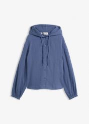 Bluza z kapturem z muślinu z czystej bawełny. Niebieskie bluzy damskie bonprix, bez wzorów, z bawełny, bez ramiączek, z kapturem. Za 114.99 zł.