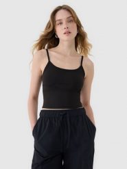 4F Crop-top slim damski - czarny XL. Czarne topy damskie 4F, xl, bez wzorów, z dzianiny, sportowe, bez kołnierzyka, bez ramiączek. W wyprzedaży za 19.99 zł.
