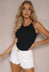 Czarny Casualowy Prążkowany Top z Wiskozą Wykończony Koronką Luvia. Czarne topy damskie Renee, m, bez wzorów, z jeansu, eleganckie, bez kołnierzyka, bez ramiączek. Za 49.99 zł.