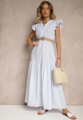 Jasnoniebieska Rozkloszowana Sukienka z Bawełny w Stylu Boho z Paskiem z Klamrą Iffarisa. Niebieskie sukienki damskie Renee, na co dzień, na lato, l, bez wzorów, z bawełny, boho, bez kołnierzyka, bez ramiączek, maxi, rozkloszowane. Za 89.99 zł.