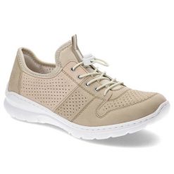 Beżowe Półbuty Rieker Wygodne Buty Damskie. Brązowe półbuty damskie Rieker, bez wzorów, ze skóry ekologicznej, bez obcasa, na koturnie, bez zapięcia. Za 339.00 zł.