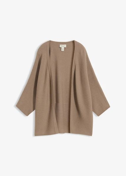 Kardigan. Brązowe kardigany damskie bonprix, bez wzorów, prążkowane, bez kołnierzyka. Za 124.99 zł.