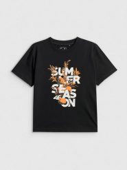 4F T-shirt boxy z nadrukiem damski - czarny S. Czarne t-shirty damskie 4F, s, bez wzorów, z bawełny, bez kołnierzyka, bez ramiączek. Za 69.99 zł.
