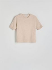 Wełniany sweter z krótkimi rękawami - beżowy. Brązowe swetry nierozpinane damskie Reserved, l, bez wzorów, z dzianiny, bez kołnierzyka, bez ramiączek. W wyprzedaży za 99.99 zł.