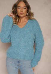 Niebieski Sweter z Dodatkiem Wełny i Szerokimi Rękawami Inathira. Niebieskie swetry nierozpinane damskie Renee, na zimę, bez wzorów, z jeansu, casualowe, bez kołnierzyka, bez ramiączek. Za 139.99 zł.