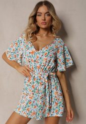 Jasnoniebieski Kombinezon z Dekoltem w Serek z Gumką w Talii i Materiałowym Paskiem Tessanda. Niebieskie sukienki damskie Renee, na co dzień, l, bez wzorów, z materiału, eleganckie, bez kołnierzyka, bez ramiączek, kopertowe. Za 39.99 zł.