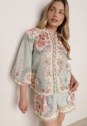 Zielona Koszula w Kwiaty ze Stójką Feliana. Zielone koszule damskie Born2be, l, bez wzorów, z jeansu, biznesowe, bez kołnierzyka, bez ramiączek. Za 139.99 zł.