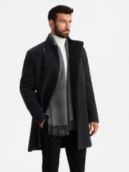 Męski płaszcz z wysokim kołnierzem i asymetrycznym zapięciem – czarny V2 OM-COWC-0120 - XXL. Czarne płaszcze męskie Ombre Clothing, l, z aplikacjami, z materiału, eleganckie, z asymetrycznym kołnierzem, bez kaptura. Za 311.99 zł.