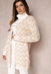 Beżowy Niezapinany Kardigan o Przedłużonym Fasonie w Zygzaki Chevron Oherna. Brązowe kardigany damskie Renee, bez wzorów, z tkaniny, bez kołnierzyka. Za 99.99 zł.