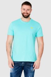 GUESS Turkusowy t-shirt męski z żółtym logo. Niebieskie t-shirty męskie Guess, m, z aplikacjami, bez kołnierzyka, bez ramiączek. W wyprzedaży za 99.99 zł.
