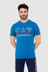 EA7 T-shirt męski niebieski z dużym logo. Niebieskie t-shirty męskie EA7 Emporio Armani, m, bez wzorów, bez kołnierzyka, bez ramiączek. W wyprzedaży za 249.99 zł.
