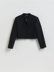 Krótka marynarka z bawełną - czarny. Czarne marynarki i żakiety damskie Reserved, bez wzorów, z bawełny, bez kołnierzyka, bez ramiączek. Za 199.99 zł.