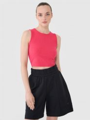 4F Crop top dzianinowy damski - różowy S. Czerwone topy damskie 4F, s, bez wzorów, z bawełny, sportowe, bez kołnierzyka, bez ramiączek. W wyprzedaży za 29.99 zł.