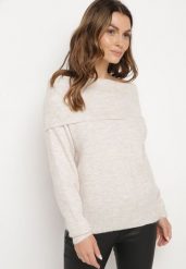 Beżowy Sweter z Wełną Wiskozą i Wywiniętym Dekoltem Ravarina. Brązowe swetry nierozpinane damskie Born2be, m, bez wzorów, z jeansu, eleganckie, bez kołnierzyka, bez ramiączek. Za 89.99 zł.