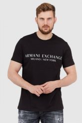 ARMANI EXCHANGE Czarny t-shirt męski z aplikacją z logo. Czarne t-shirty męskie Armani Exchange, l, z aplikacjami, prążkowane, bez kołnierzyka, bez ramiączek. W wyprzedaży za 121.99 zł.